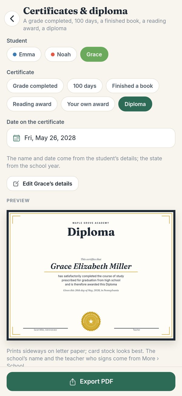 A high-school diploma ready to print: the school's name, the graduate's full name, the date, a gold seal and two signature lines