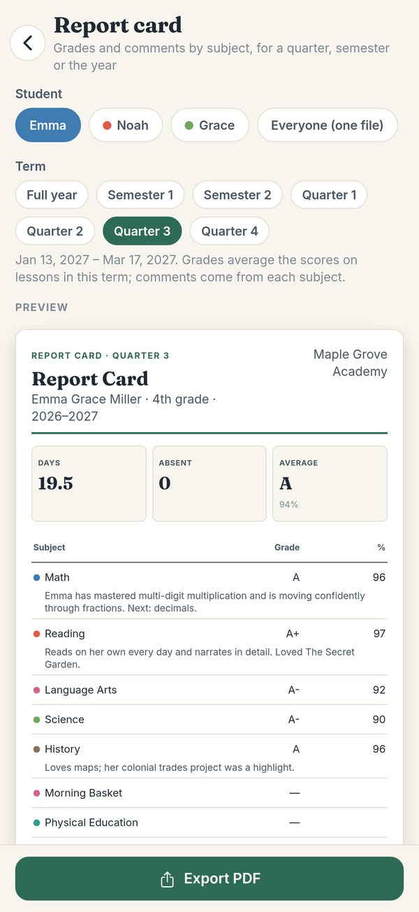 A report card for one quarter: each subject's grade and average, with the parent's comments